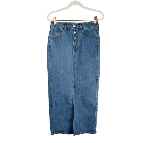 OAT New York Jean Skirt Womens 2/26 Blue Denim Maxi Front Slit Button Fly - Picture 1 of 9
